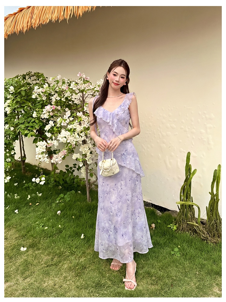 France style floral dress chiffon strap dress