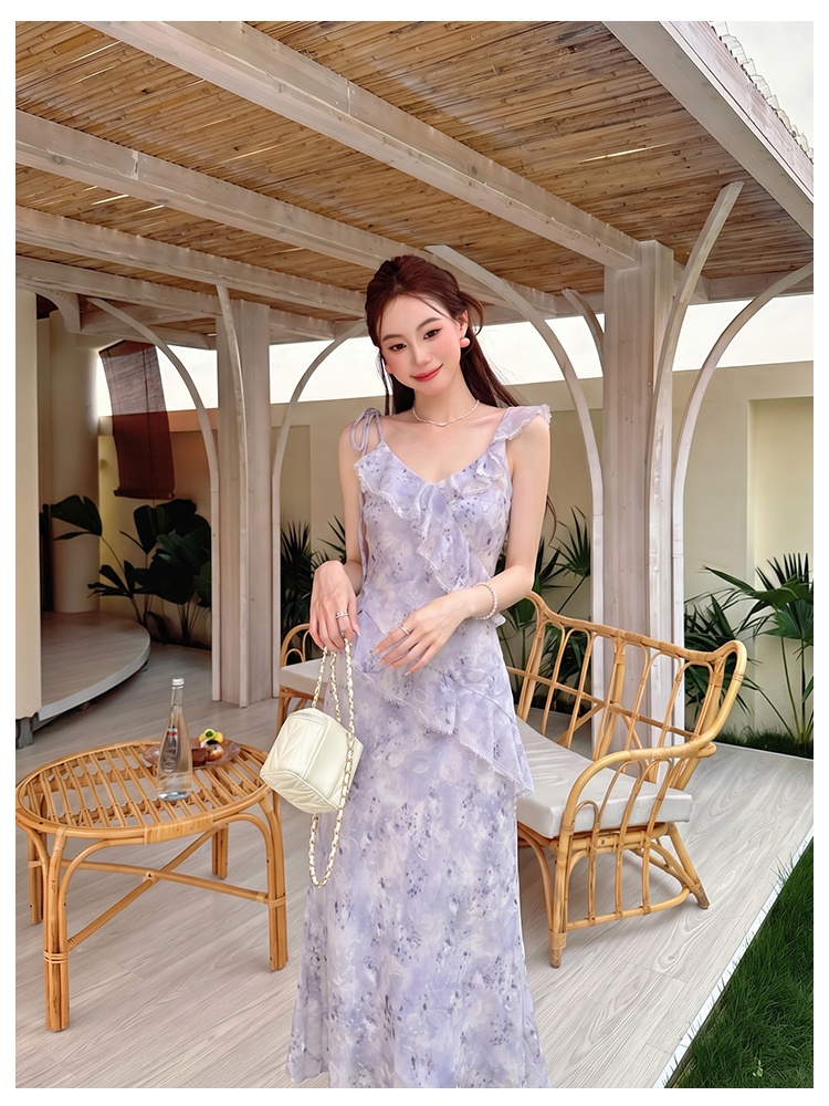 France style floral dress chiffon strap dress