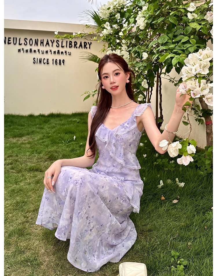 France style floral dress chiffon strap dress