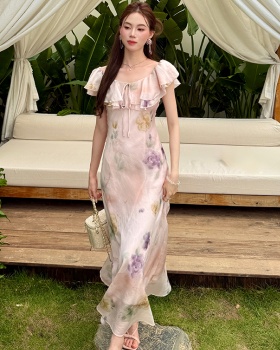 Wear summer chiffon tie dye flat shoulder romantic dress
