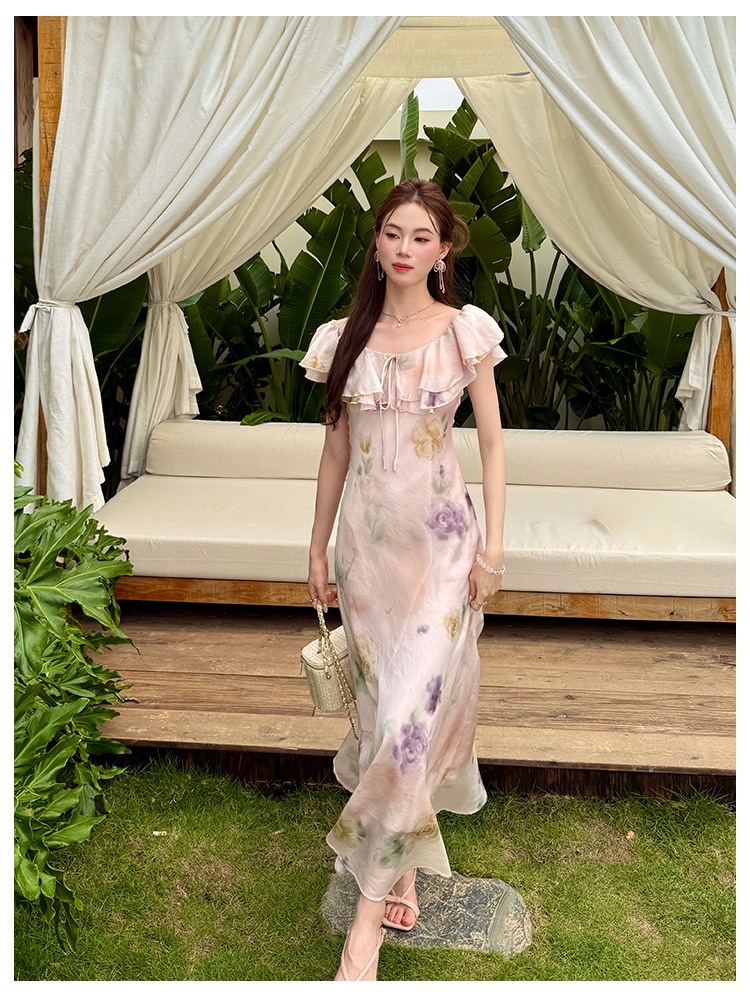 Wear summer chiffon tie dye flat shoulder romantic dress