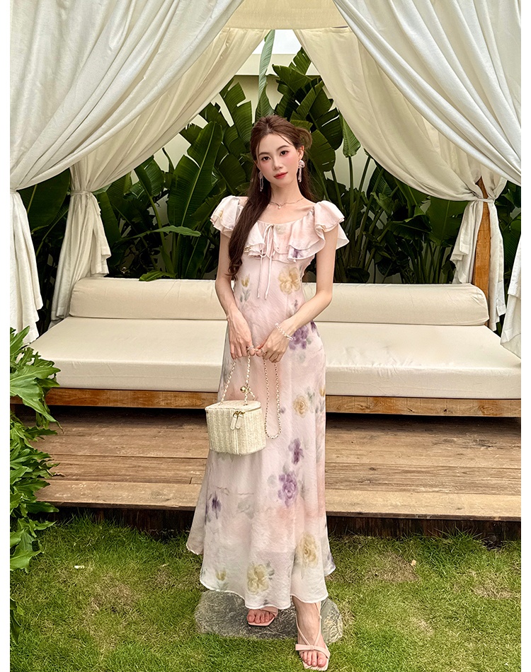Wear summer chiffon tie dye flat shoulder romantic dress