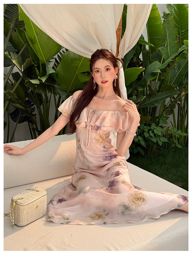 Wear summer chiffon tie dye flat shoulder romantic dress