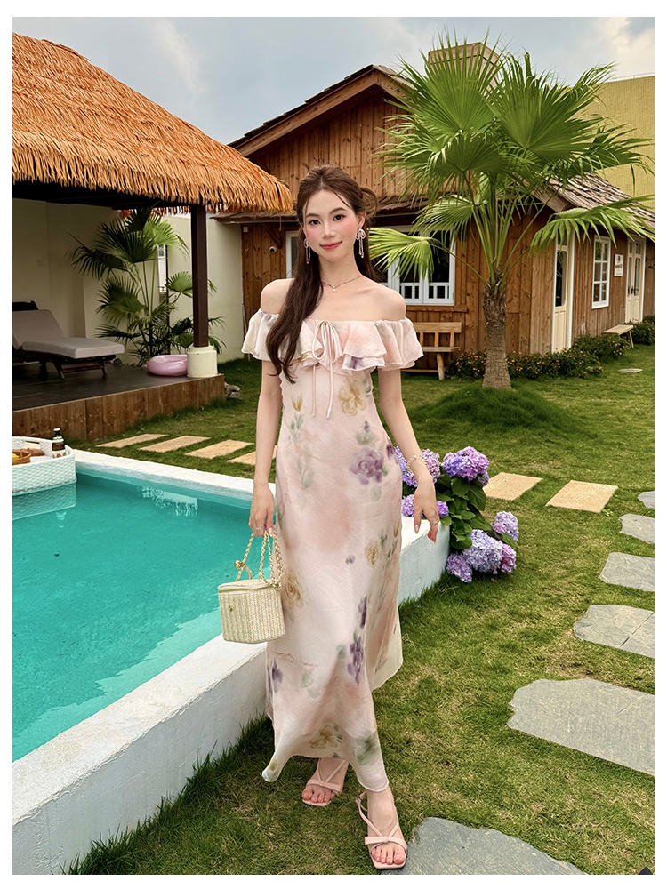 Wear summer chiffon tie dye flat shoulder romantic dress