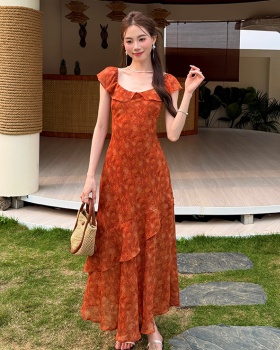 Square collar chiffon printing floral France style dress