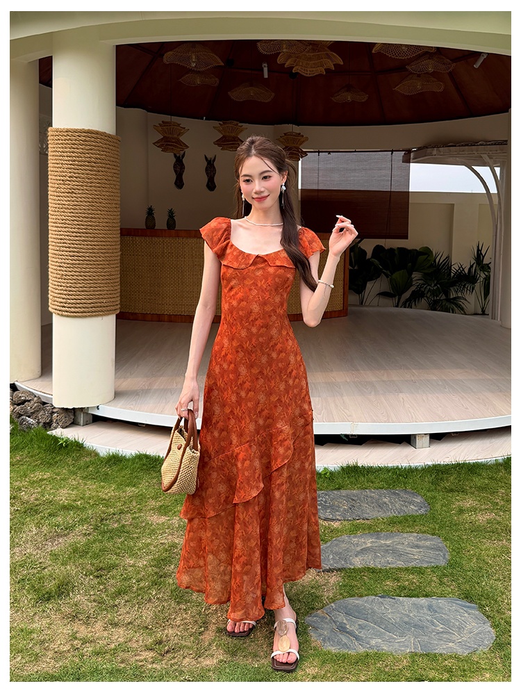 Square collar chiffon printing floral France style dress