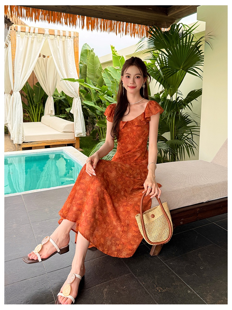 Square collar chiffon printing floral France style dress