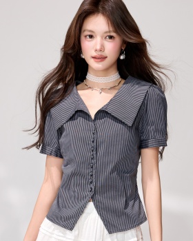 Stripe short sleeve cardigan pinched waist tops