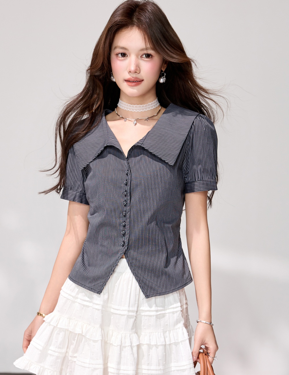 Stripe short sleeve cardigan pinched waist tops