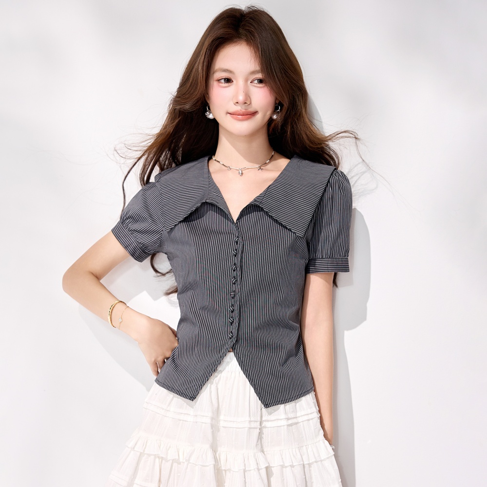 Stripe short sleeve cardigan pinched waist tops