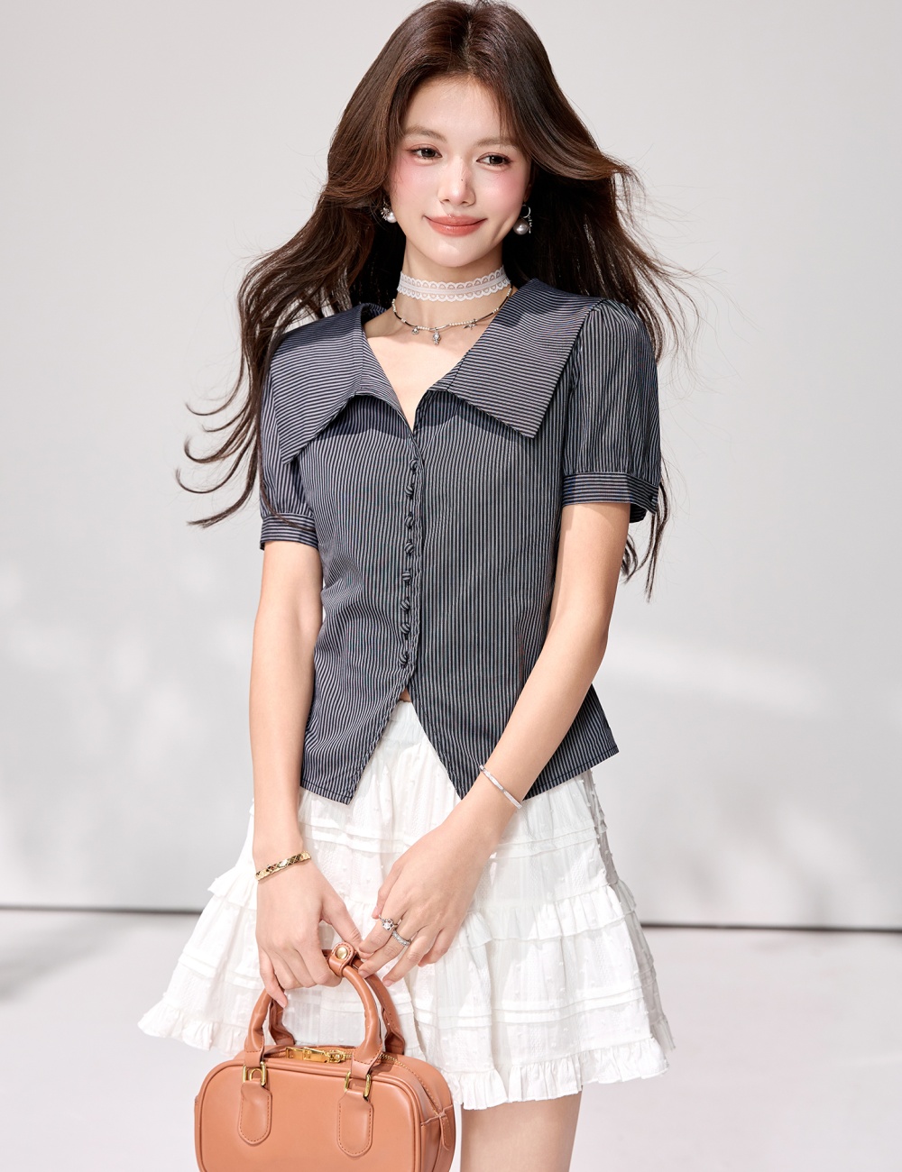 Stripe short sleeve cardigan pinched waist tops