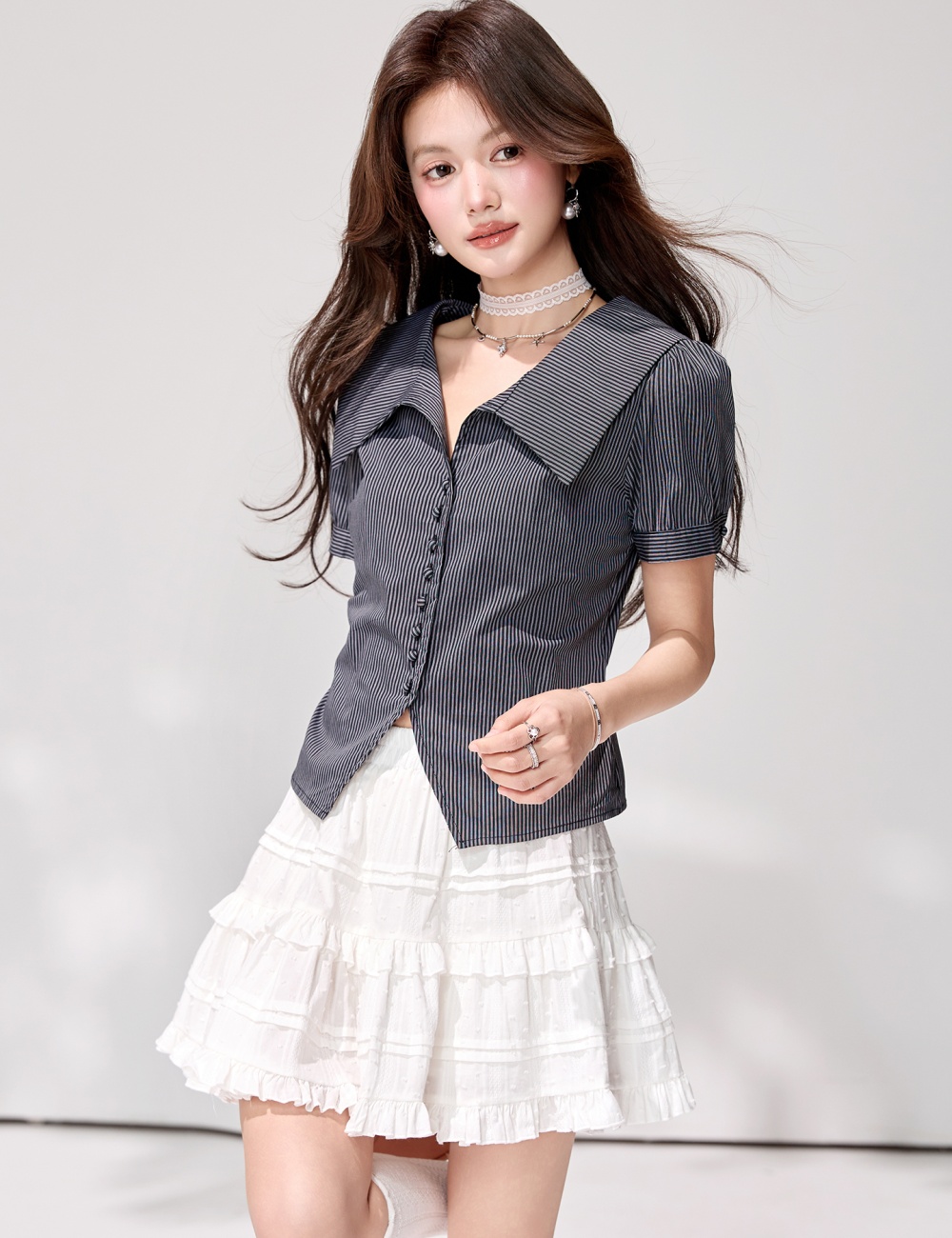 Stripe short sleeve cardigan pinched waist tops