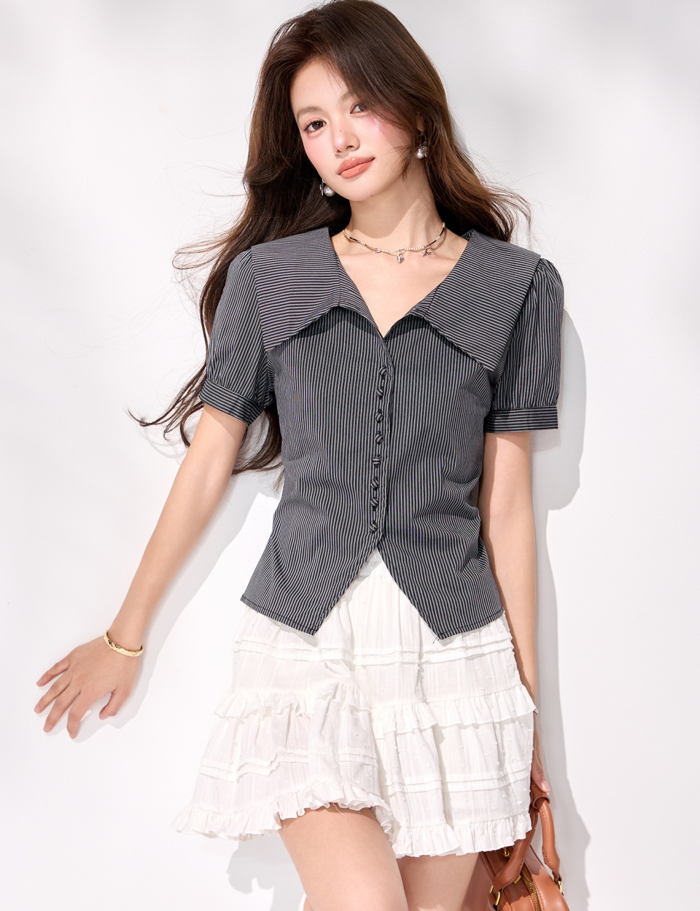 Stripe short sleeve cardigan pinched waist tops