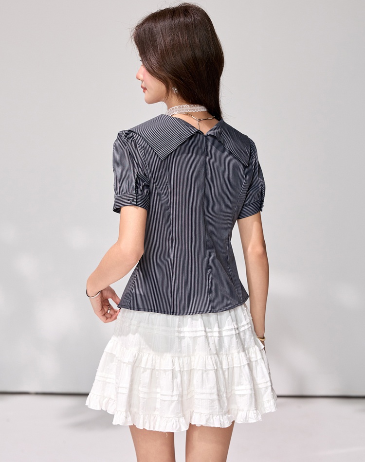 Stripe short sleeve cardigan pinched waist tops