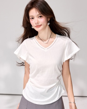 White pinched waist tops V-neck slim T-shirt for women
