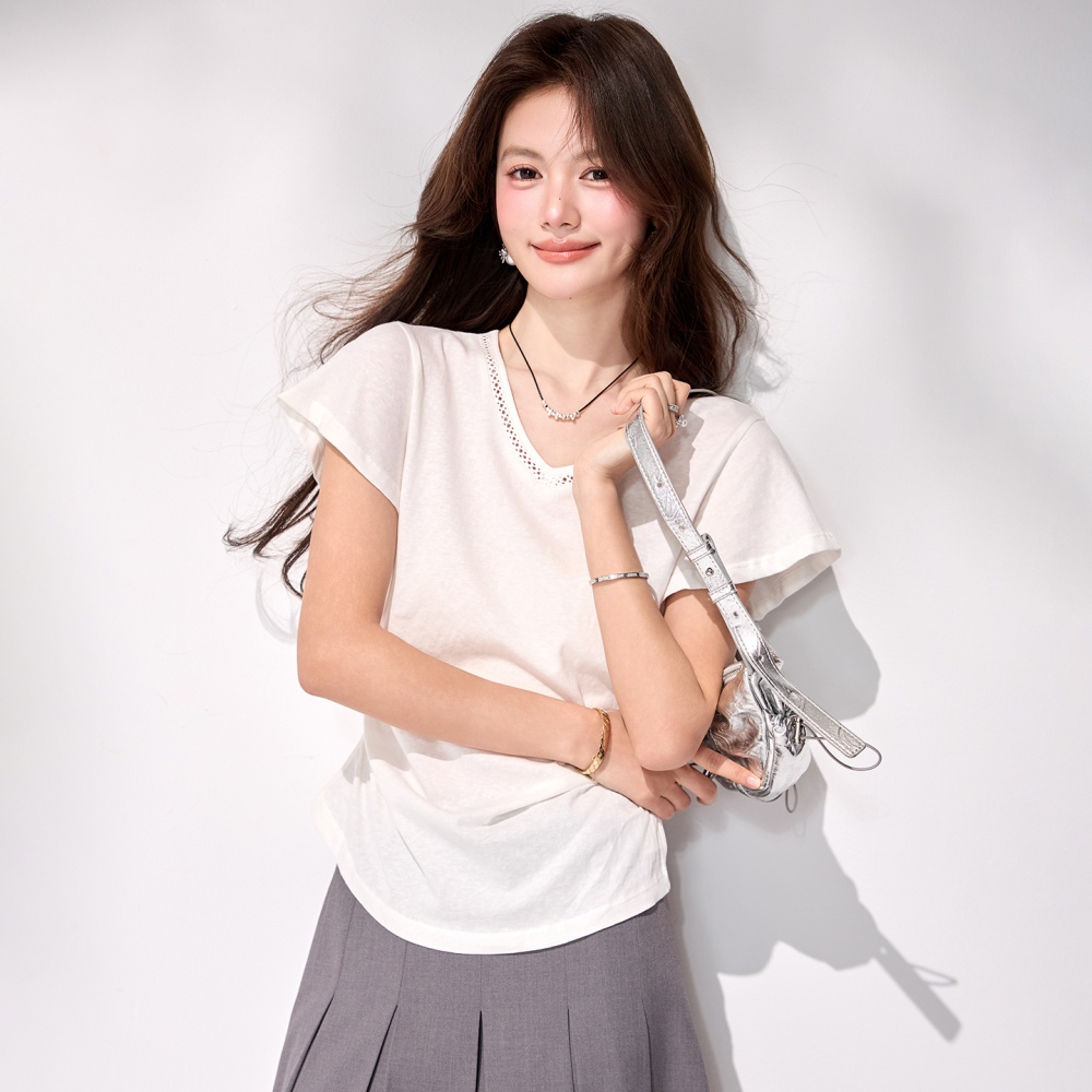 White pinched waist tops V-neck slim T-shirt for women