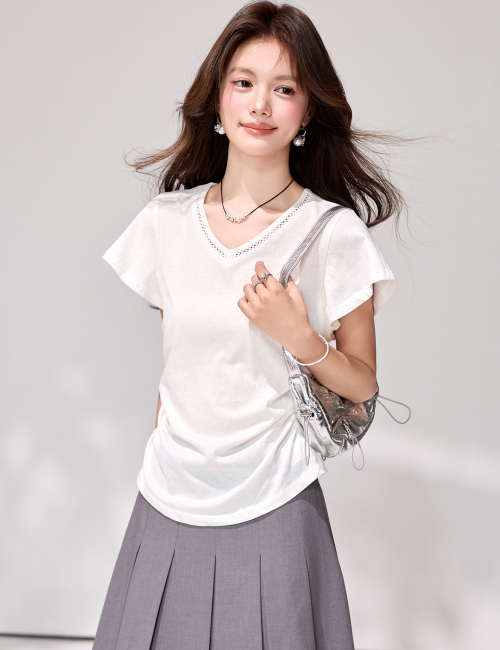 White pinched waist tops V-neck slim T-shirt for women