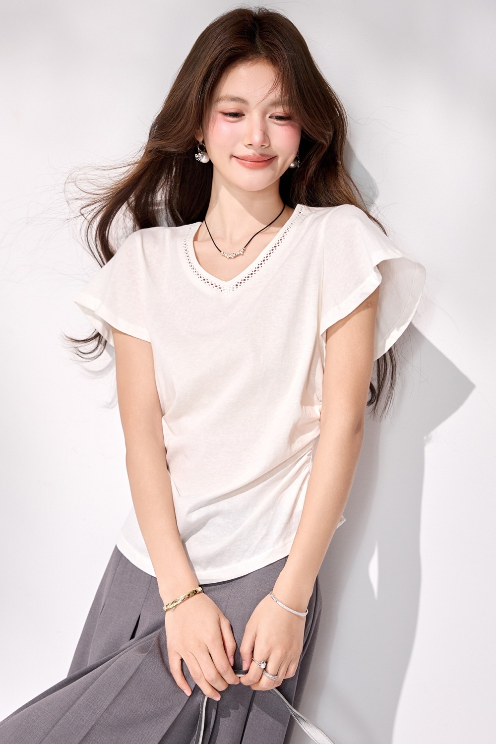 White pinched waist tops V-neck slim T-shirt for women