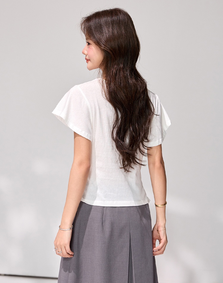 White pinched waist tops V-neck slim T-shirt for women