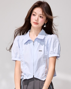 Zip short slim tops puff sleeve light-blue shirt for women