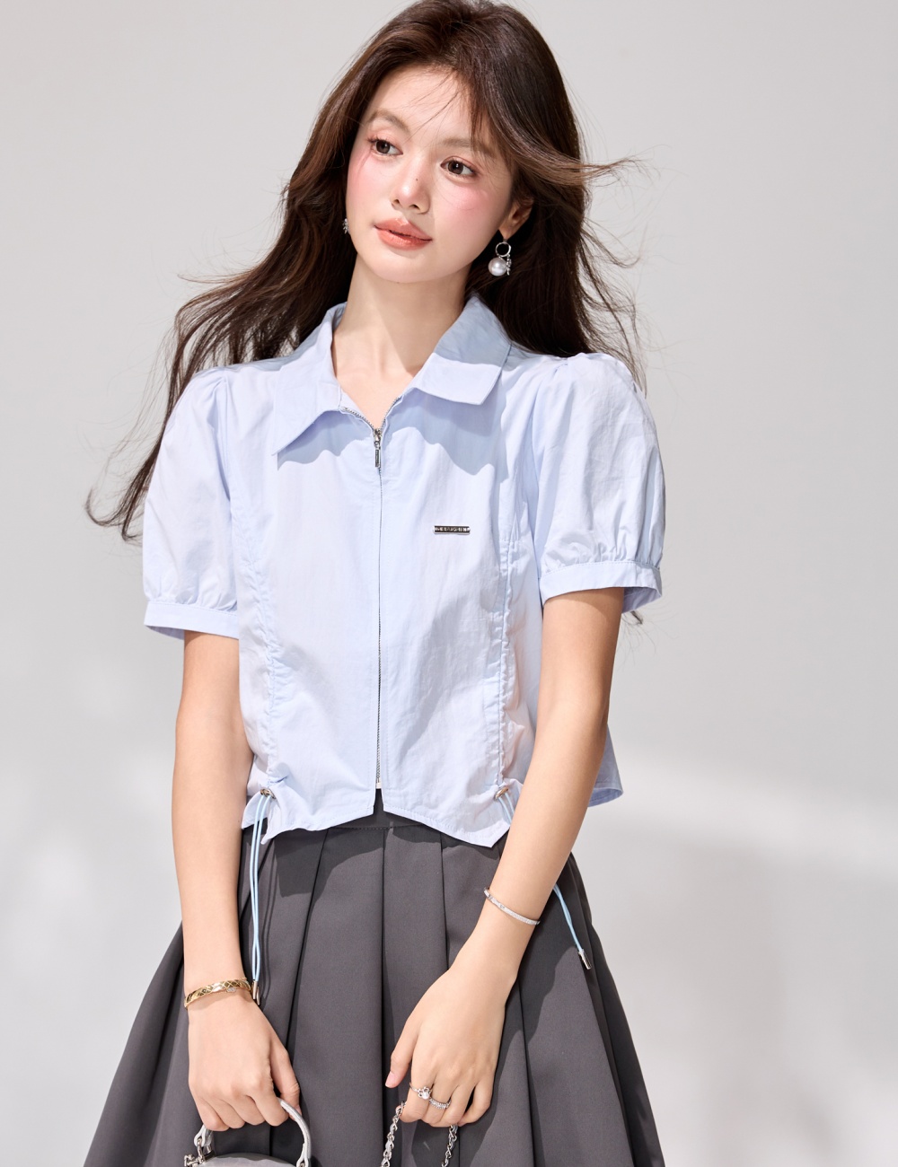 Zip short slim tops puff sleeve light-blue shirt for women