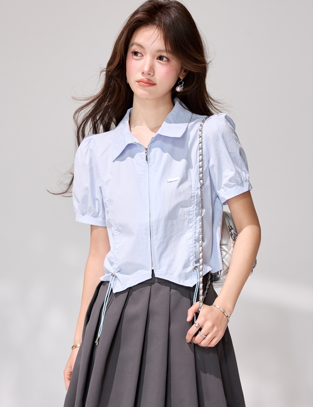 Zip short slim tops puff sleeve light-blue shirt for women