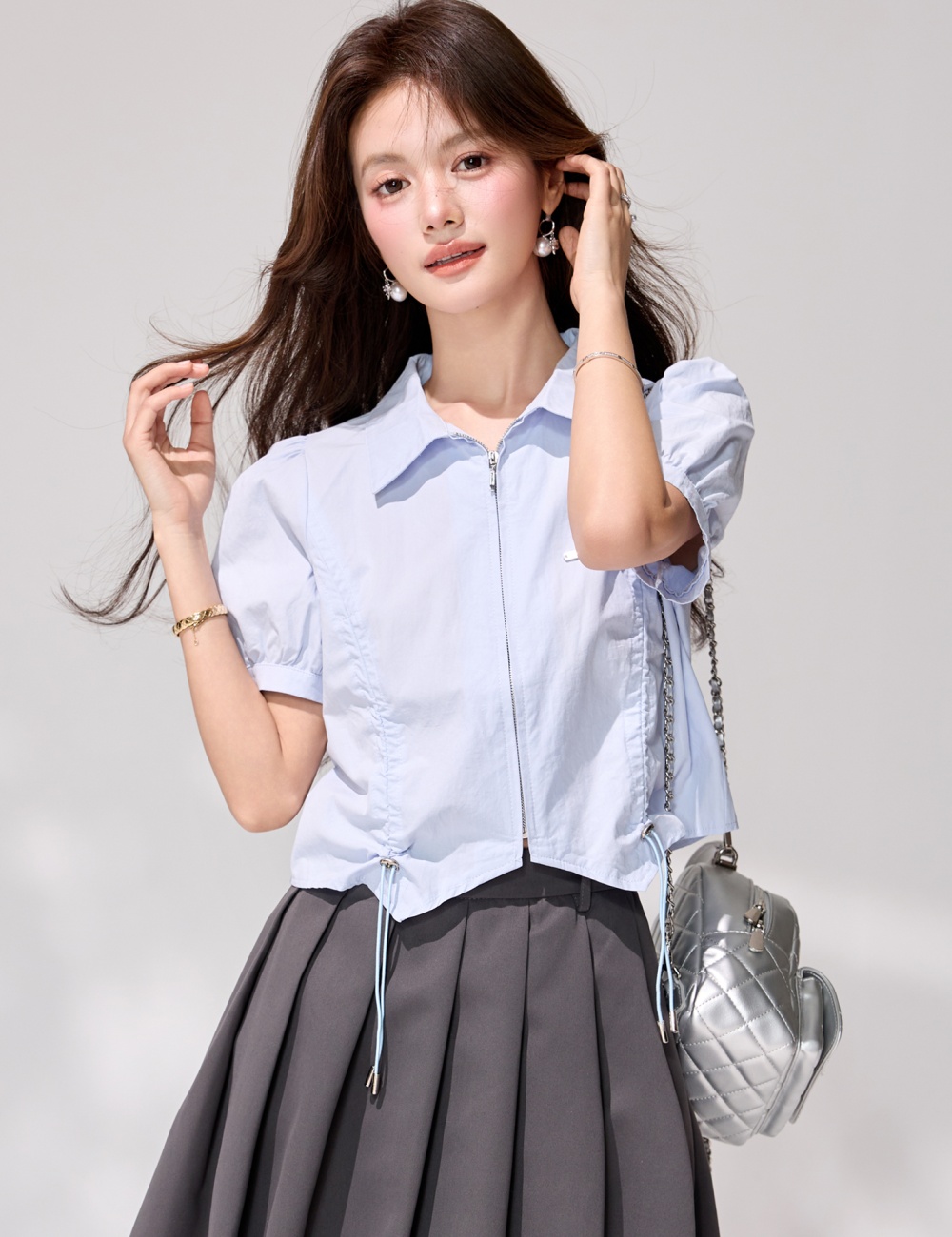 Zip short slim tops puff sleeve light-blue shirt for women