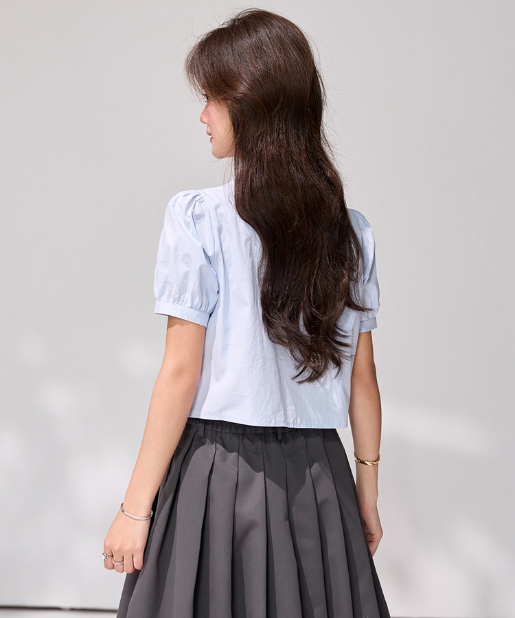 Zip short slim tops puff sleeve light-blue shirt for women