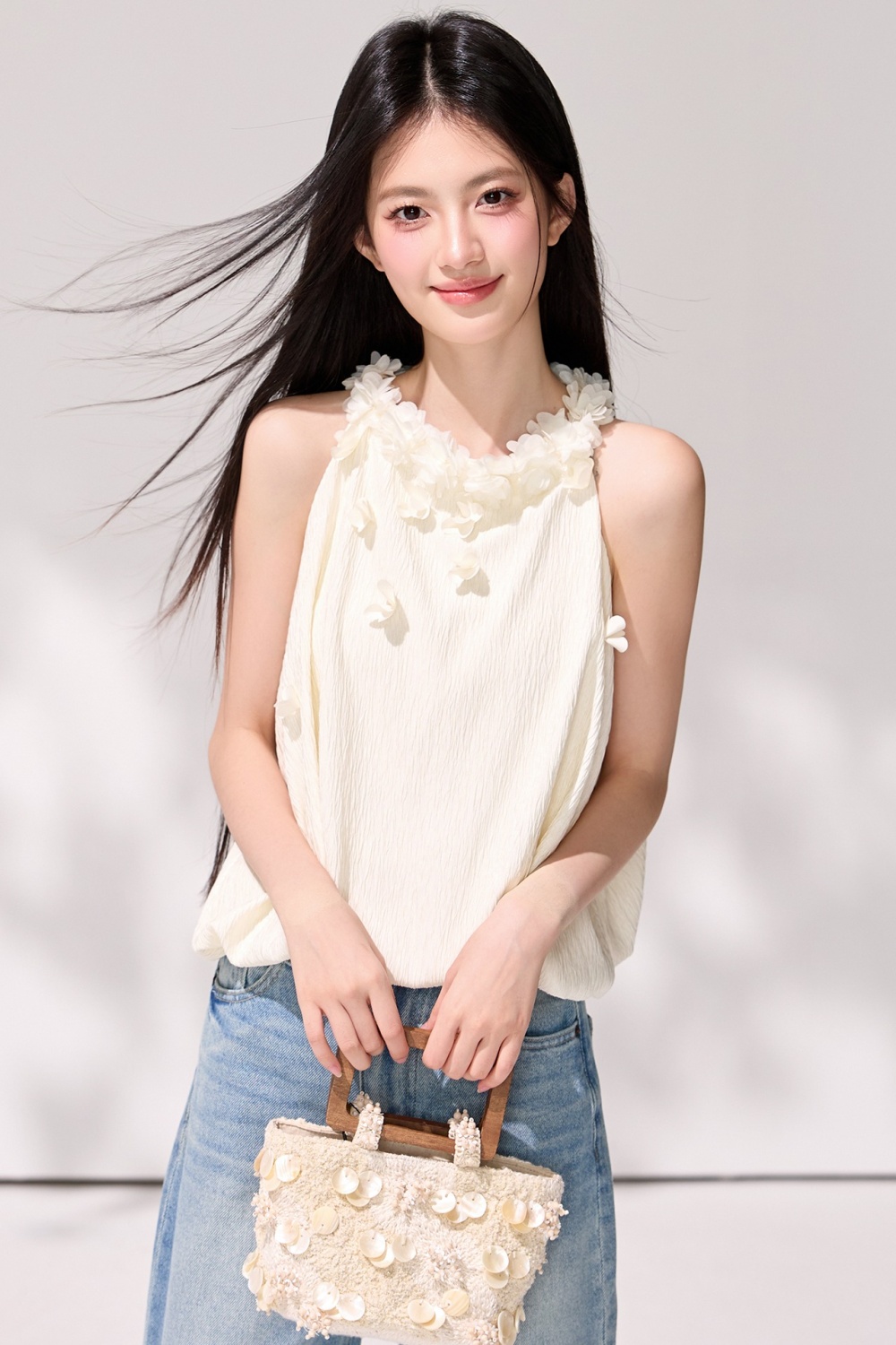 Wood ear halter sleeveless chiffon shirt tender slim tops