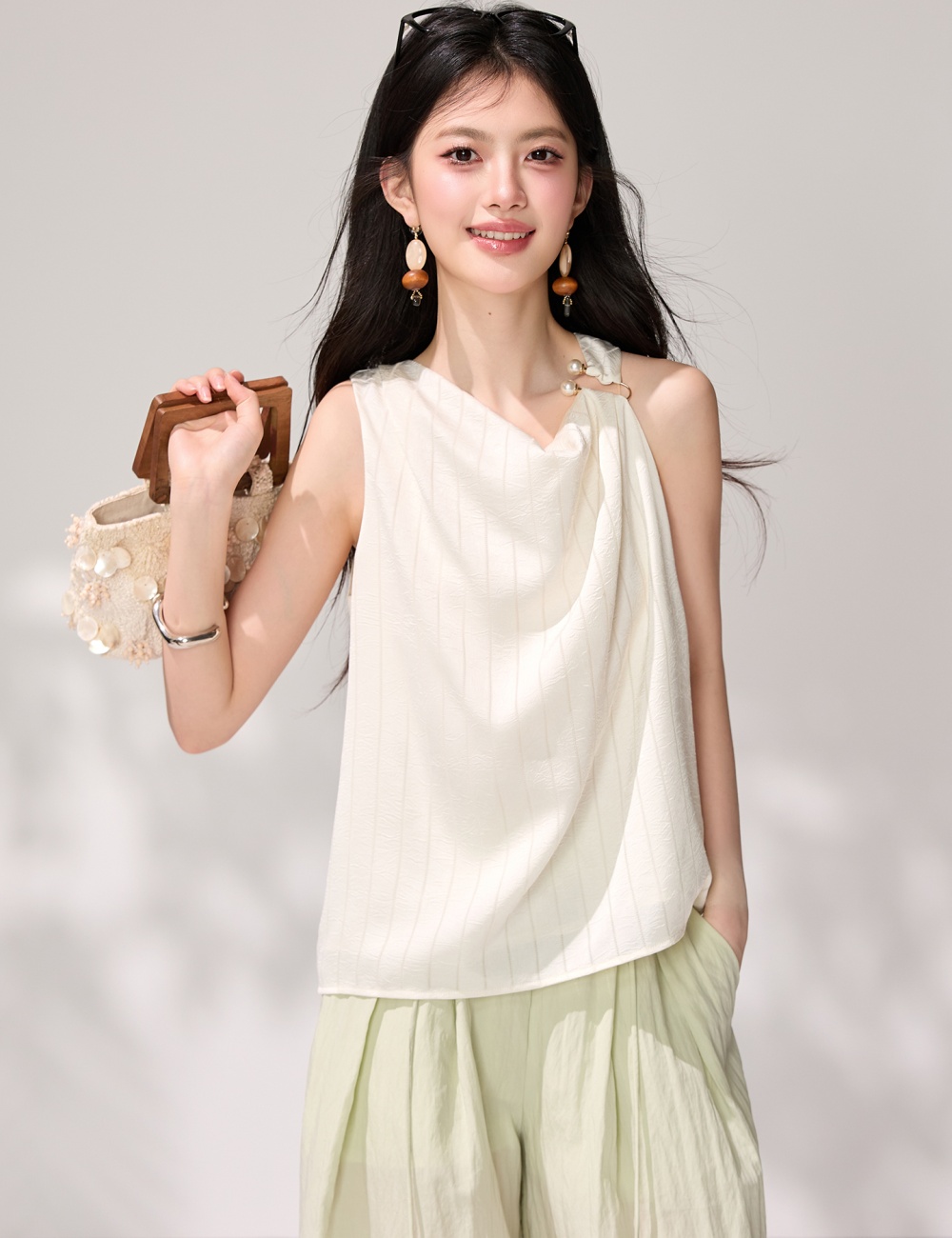 France style beige tops tender drape vest for women