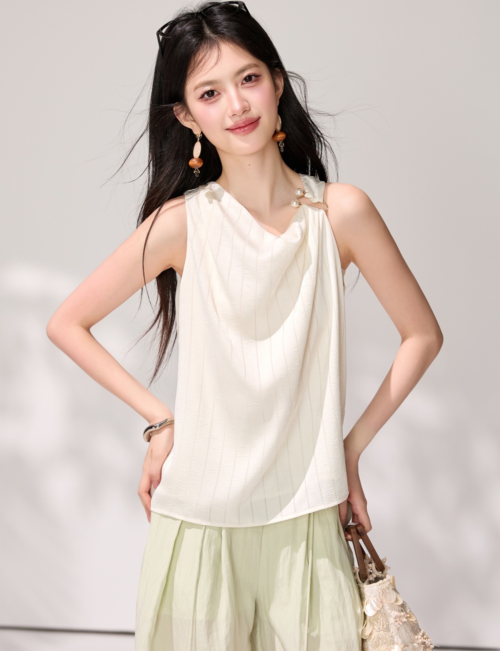 France style beige tops tender drape vest for women