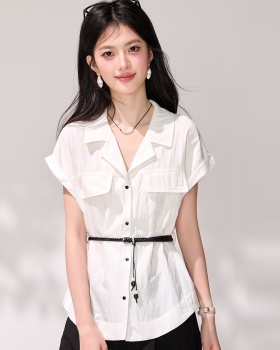 Short sleeve summer pinched waist tops commuting white shirt