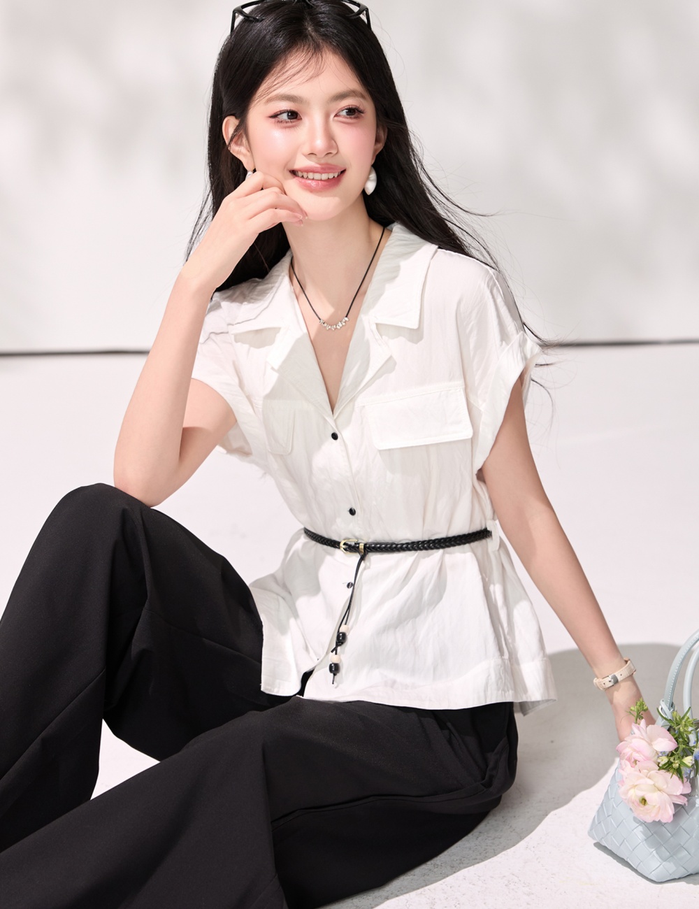 Short sleeve summer pinched waist tops commuting white shirt