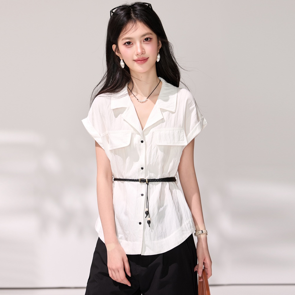 Short sleeve summer pinched waist tops commuting white shirt