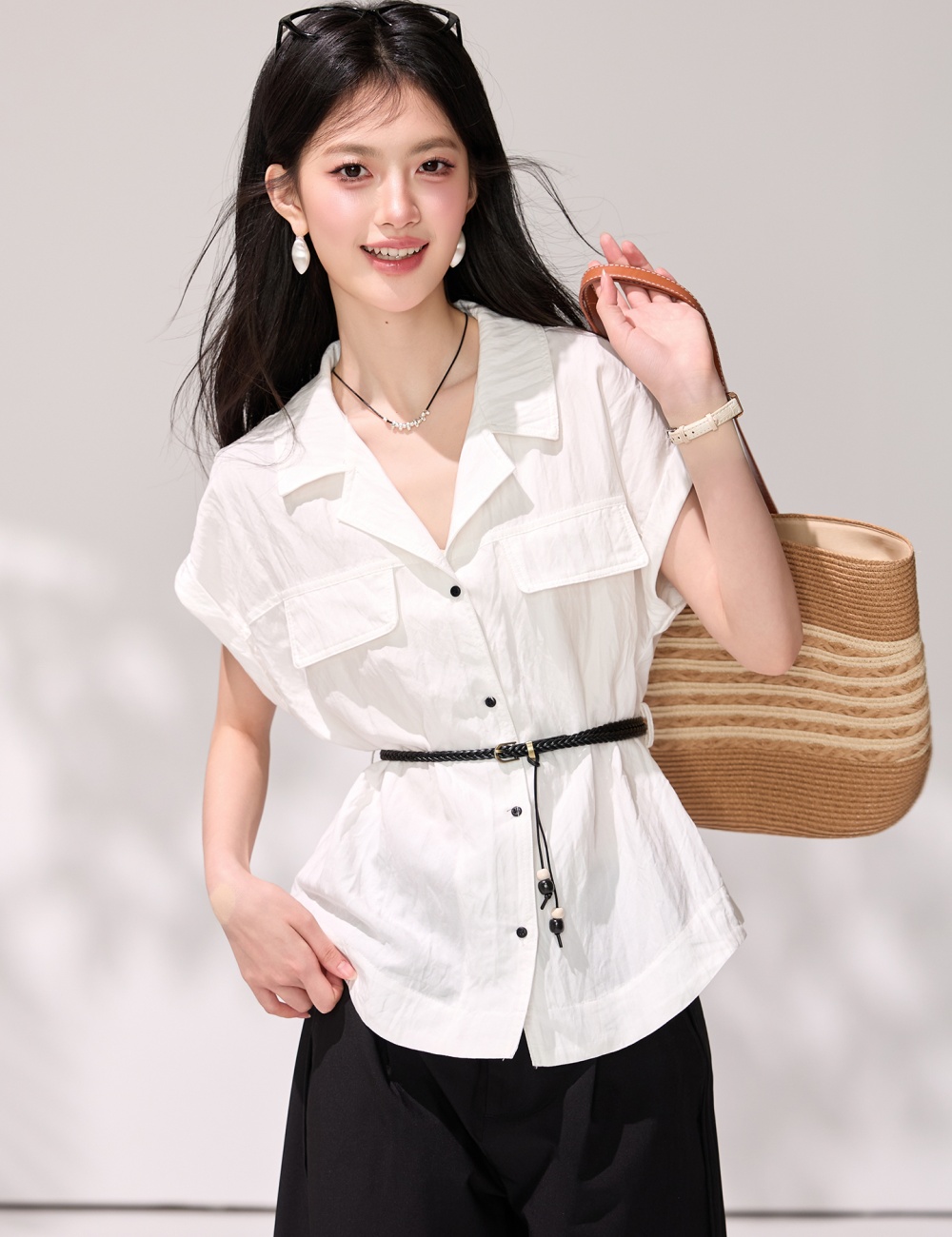 Short sleeve summer pinched waist tops commuting white shirt
