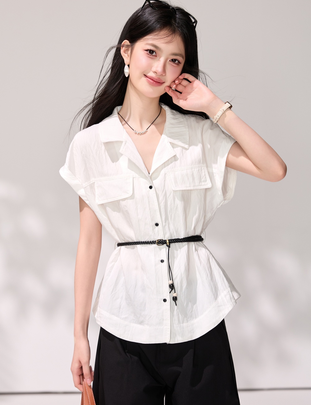 Short sleeve summer pinched waist tops commuting white shirt