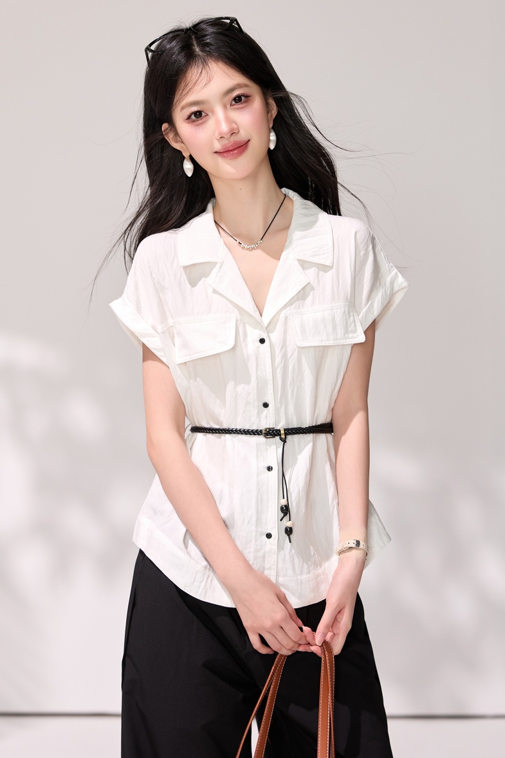 Short sleeve summer pinched waist tops commuting white shirt