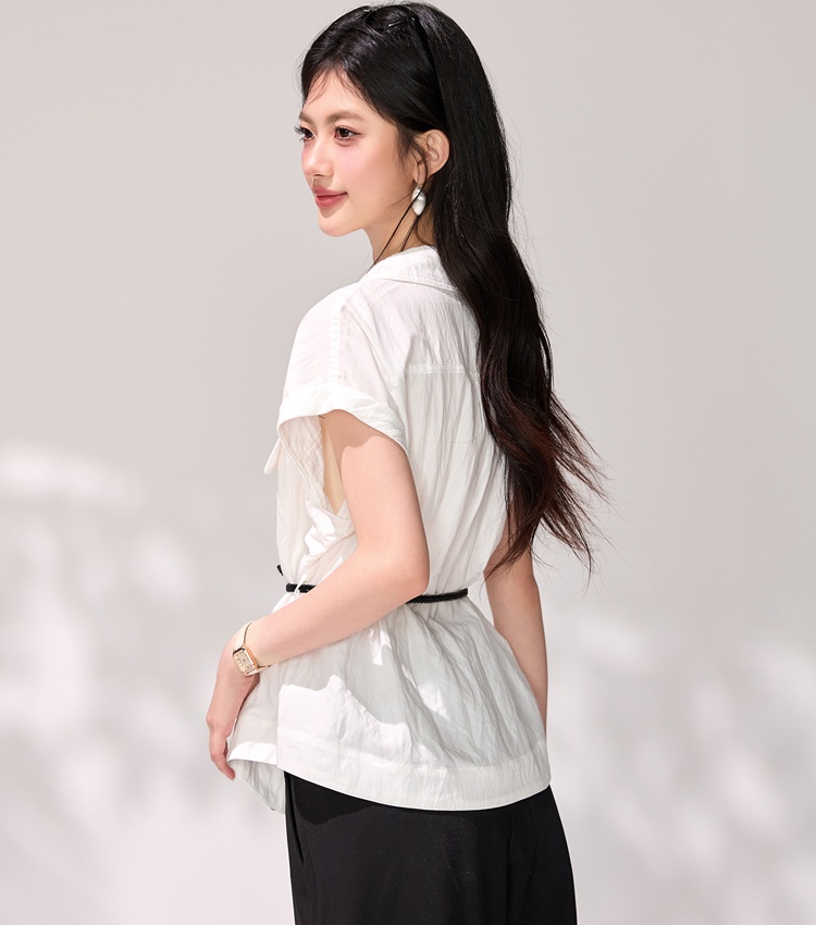 Short sleeve summer pinched waist tops commuting white shirt
