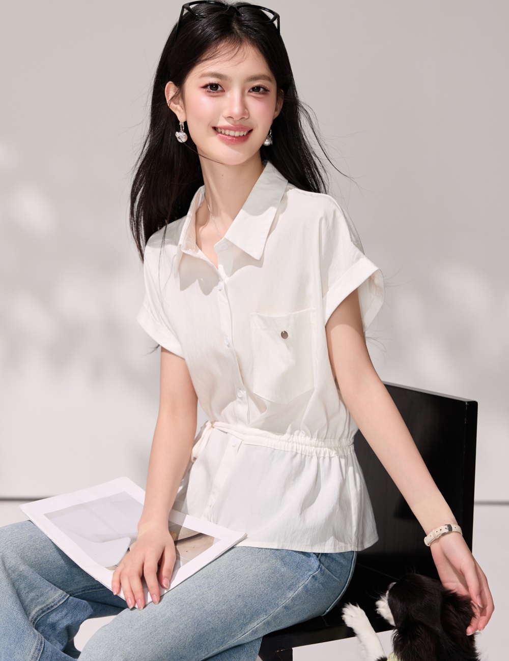 Pinched waist all-match white tops frenum slim shirt