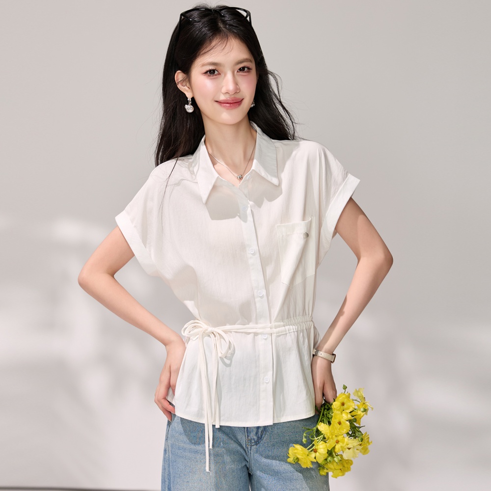 Pinched waist all-match white tops frenum slim shirt