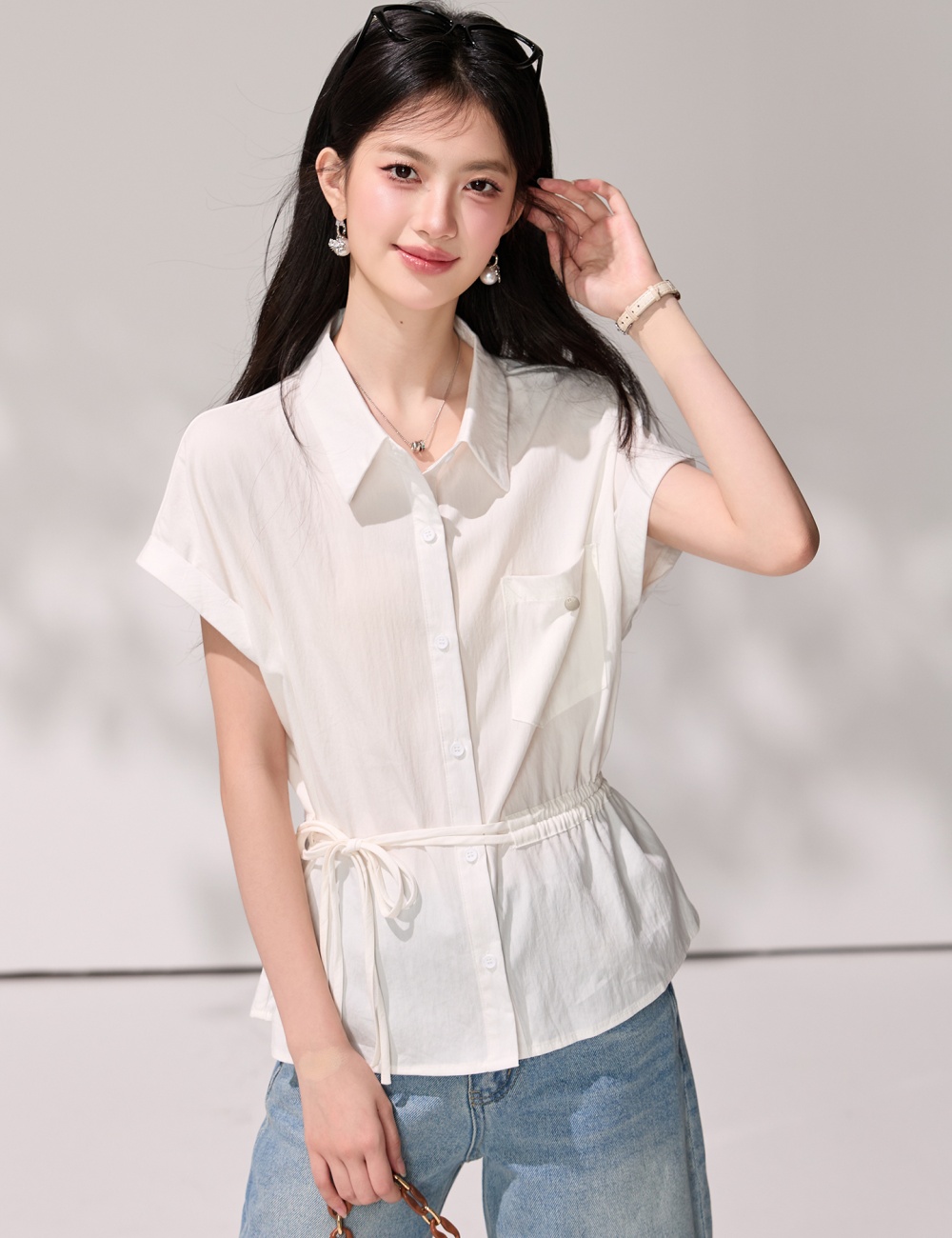 Pinched waist all-match white tops frenum slim shirt