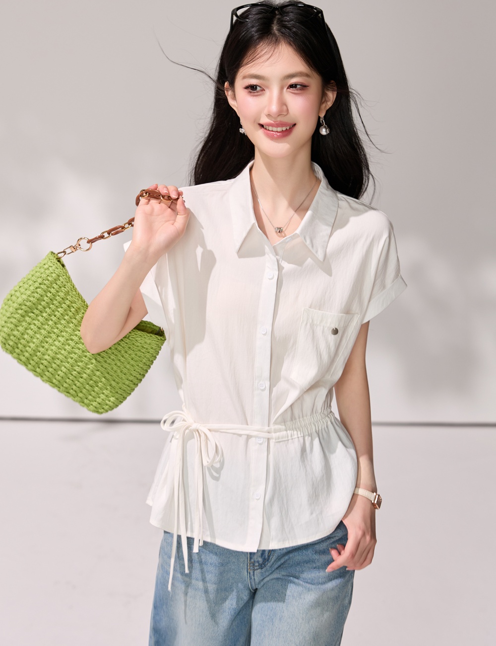 Pinched waist all-match white tops frenum slim shirt