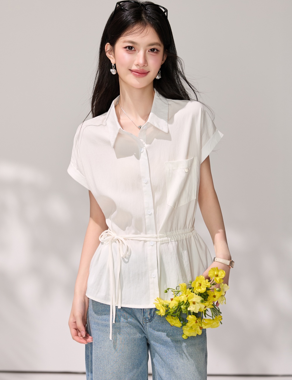Pinched waist all-match white tops frenum slim shirt