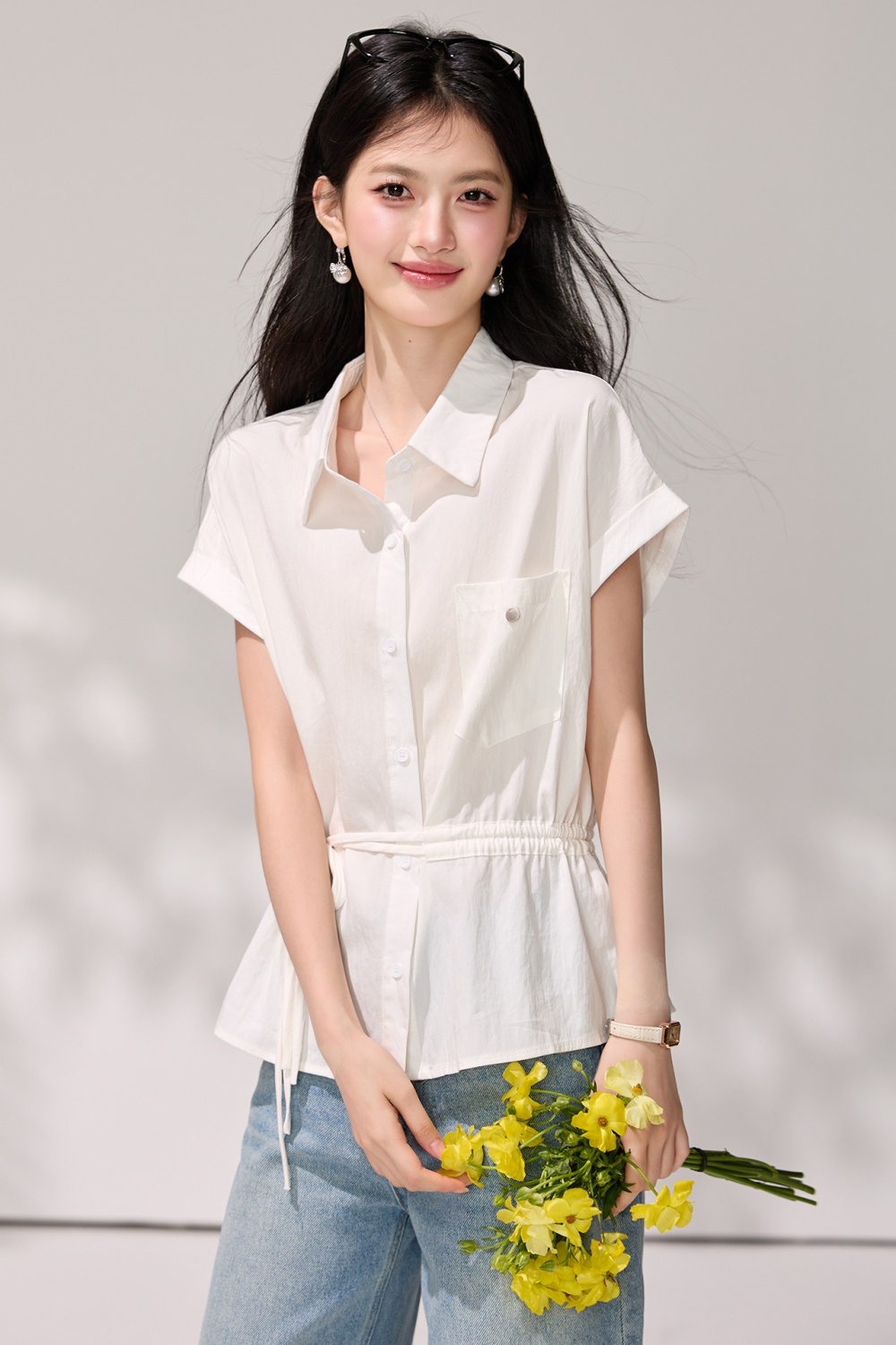Pinched waist all-match white tops frenum slim shirt