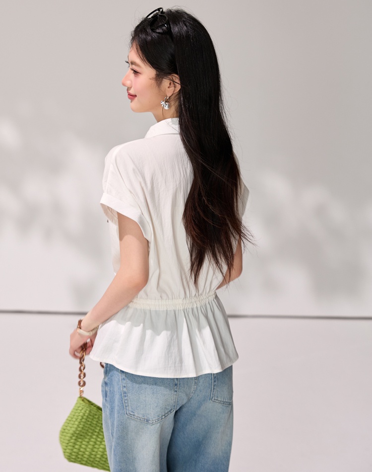 Pinched waist all-match white tops frenum slim shirt