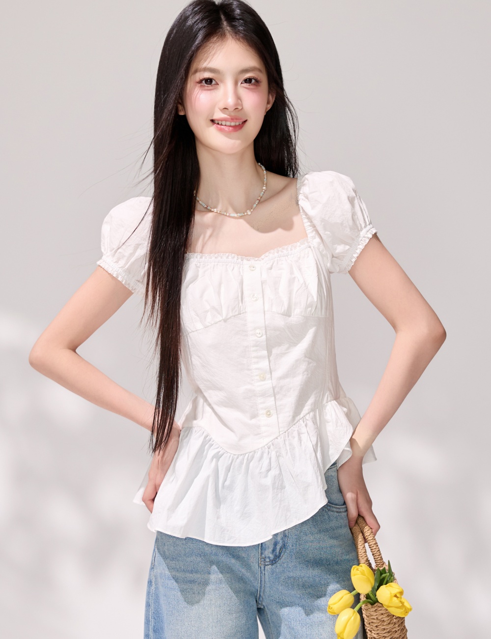 Lotus leaf skirt tops pinched waist small shirt