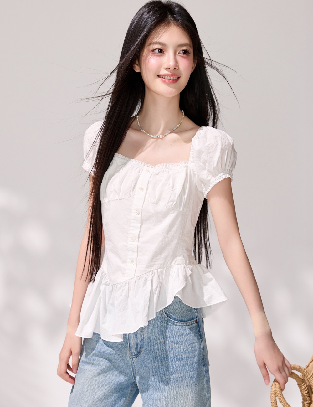 Lotus leaf skirt tops pinched waist small shirt