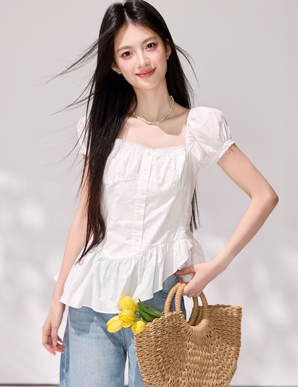 Lotus leaf skirt tops pinched waist small shirt