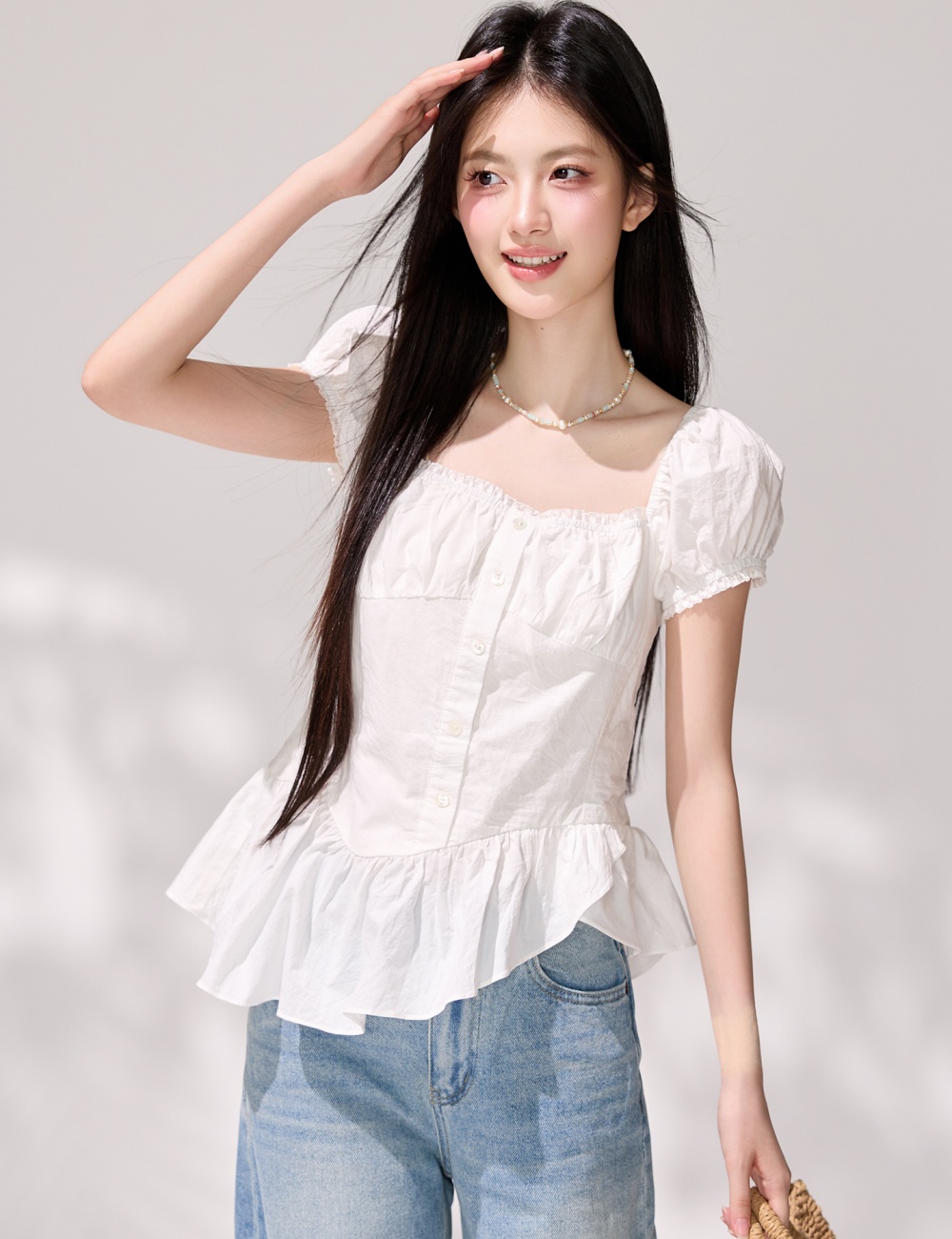 Lotus leaf skirt tops pinched waist small shirt