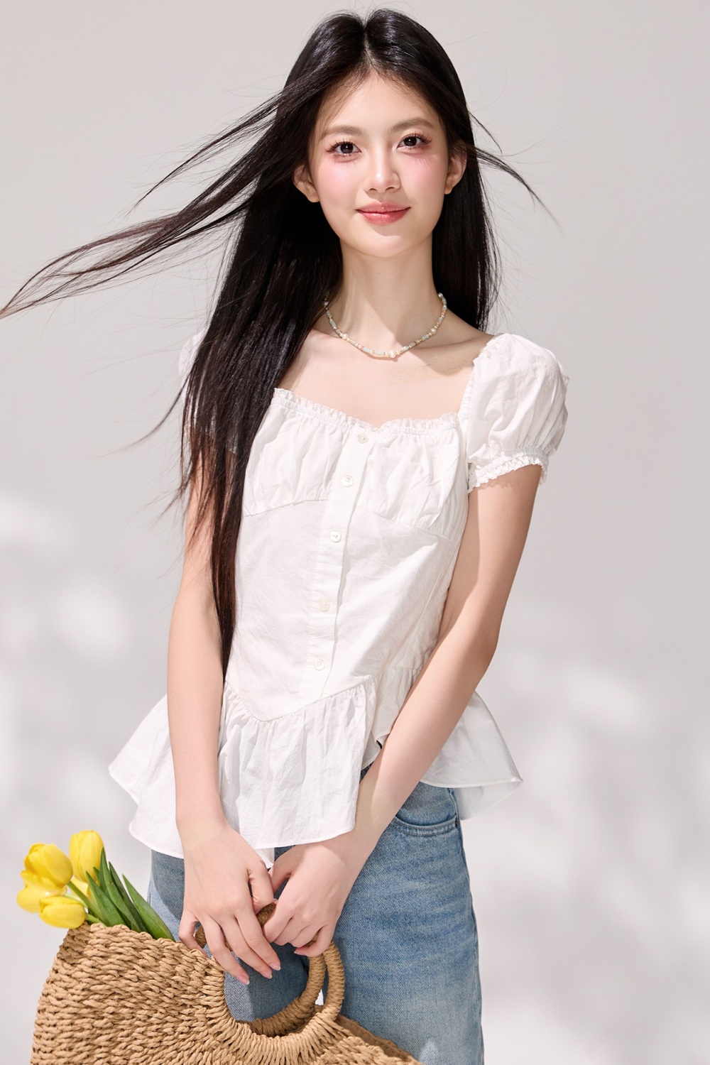 Lotus leaf skirt tops pinched waist small shirt